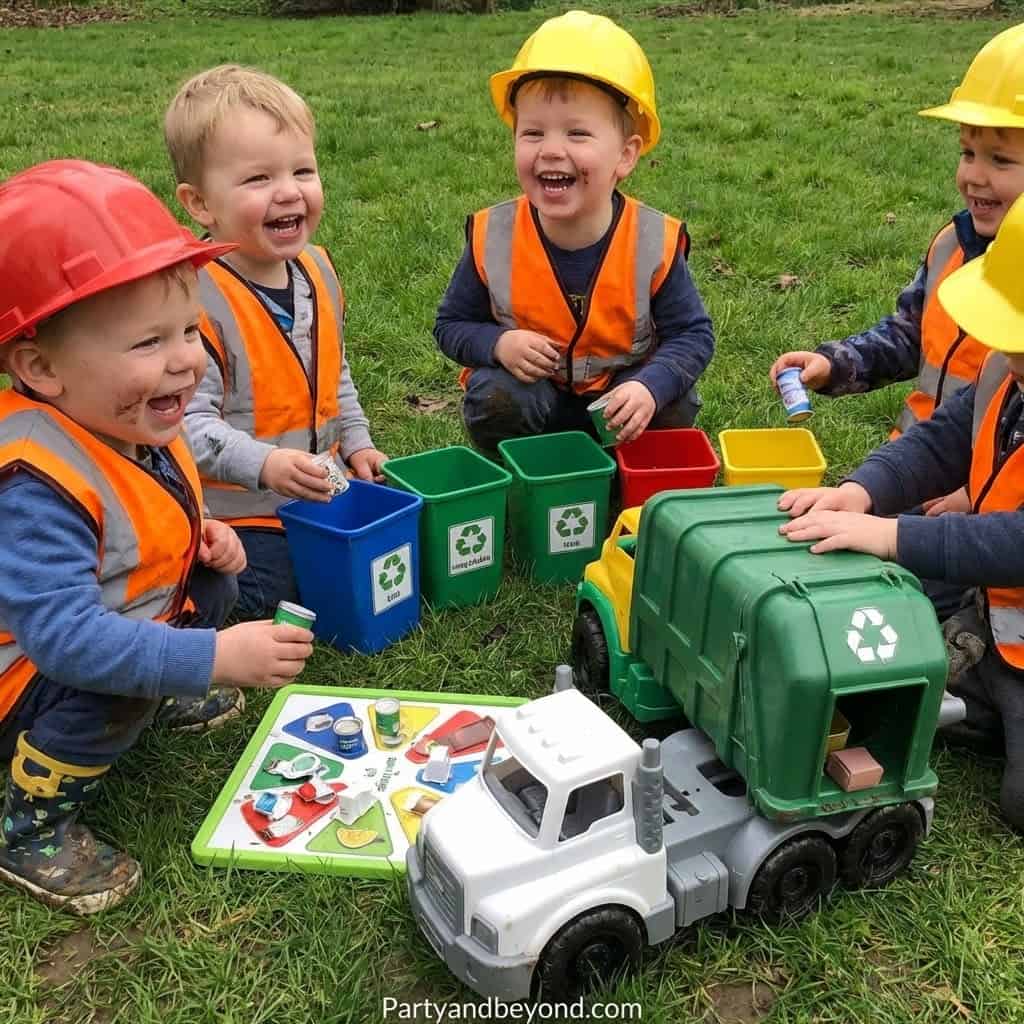 Trash truck themed birthday party with kids playing and recycling activities.