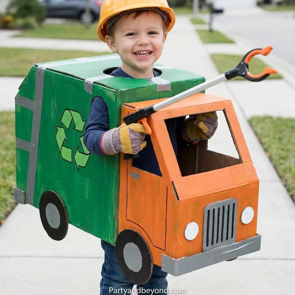 Child dressed as a trash truck for a birthday party or playtime.