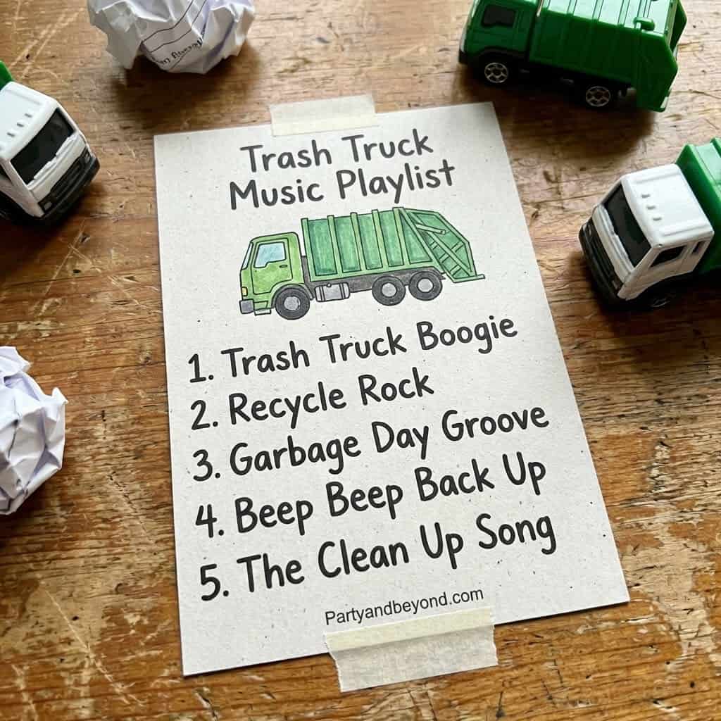 Trash truck music playlist with fun songs for kids' birthday party.