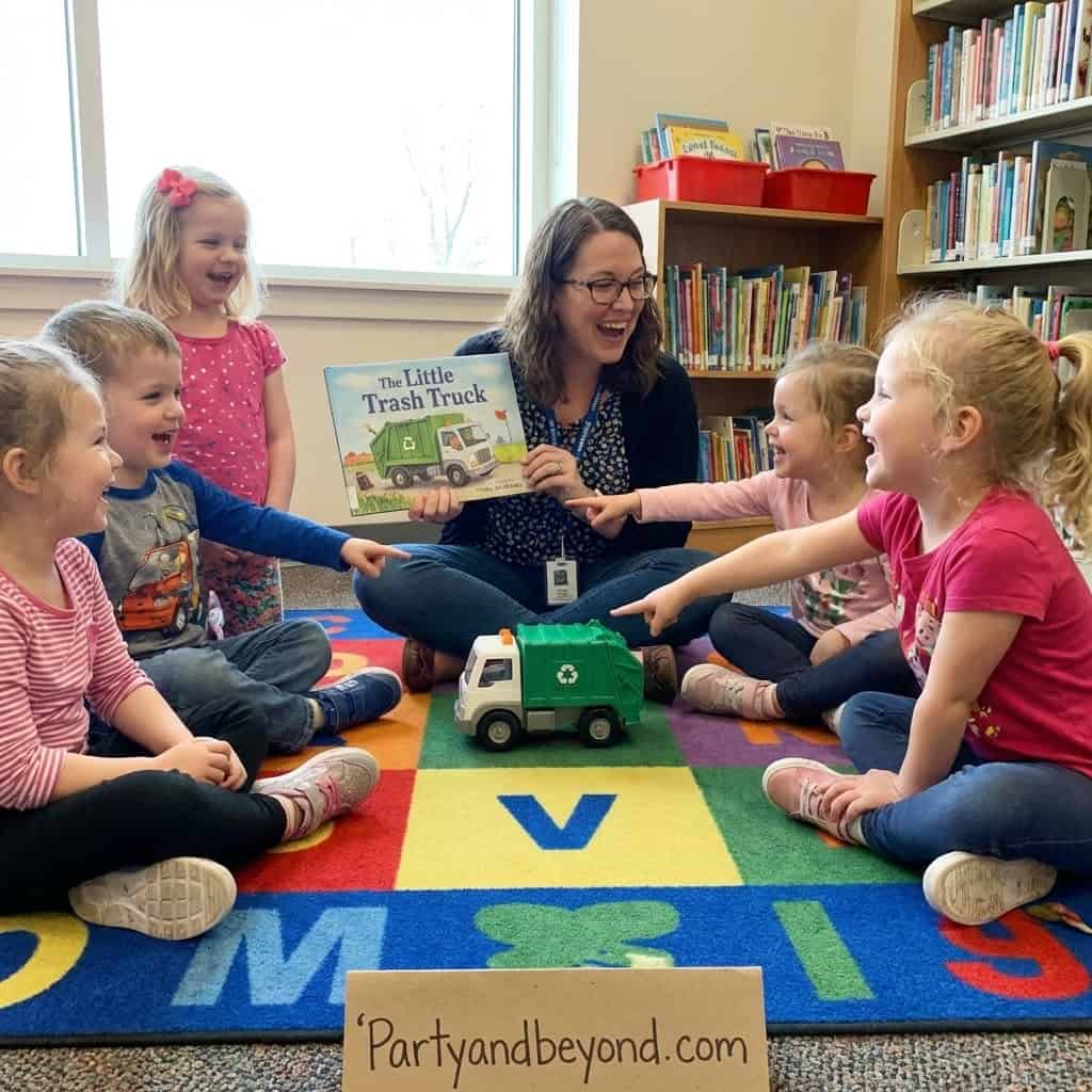 Children enjoying a trash truck-themed storytime with teacher in a colorful library setting.
