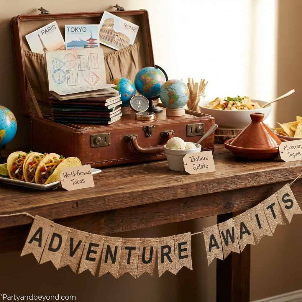 Travel-themed party display with globes, vintage suitcase, and travel-inspired decor.