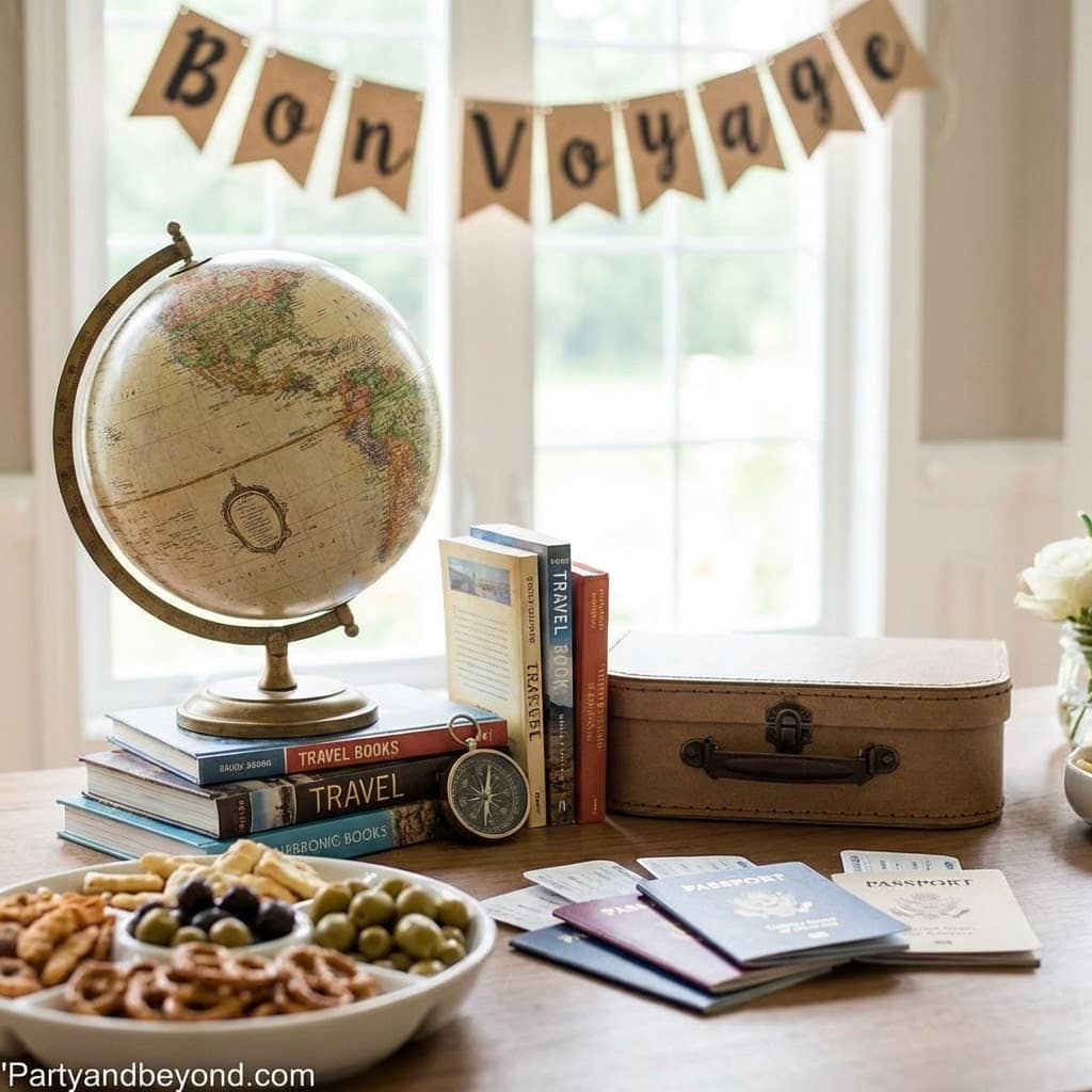 Travel-themed graduation celebration with globe, books, and vintage suitcase. Perfect for a stylish.