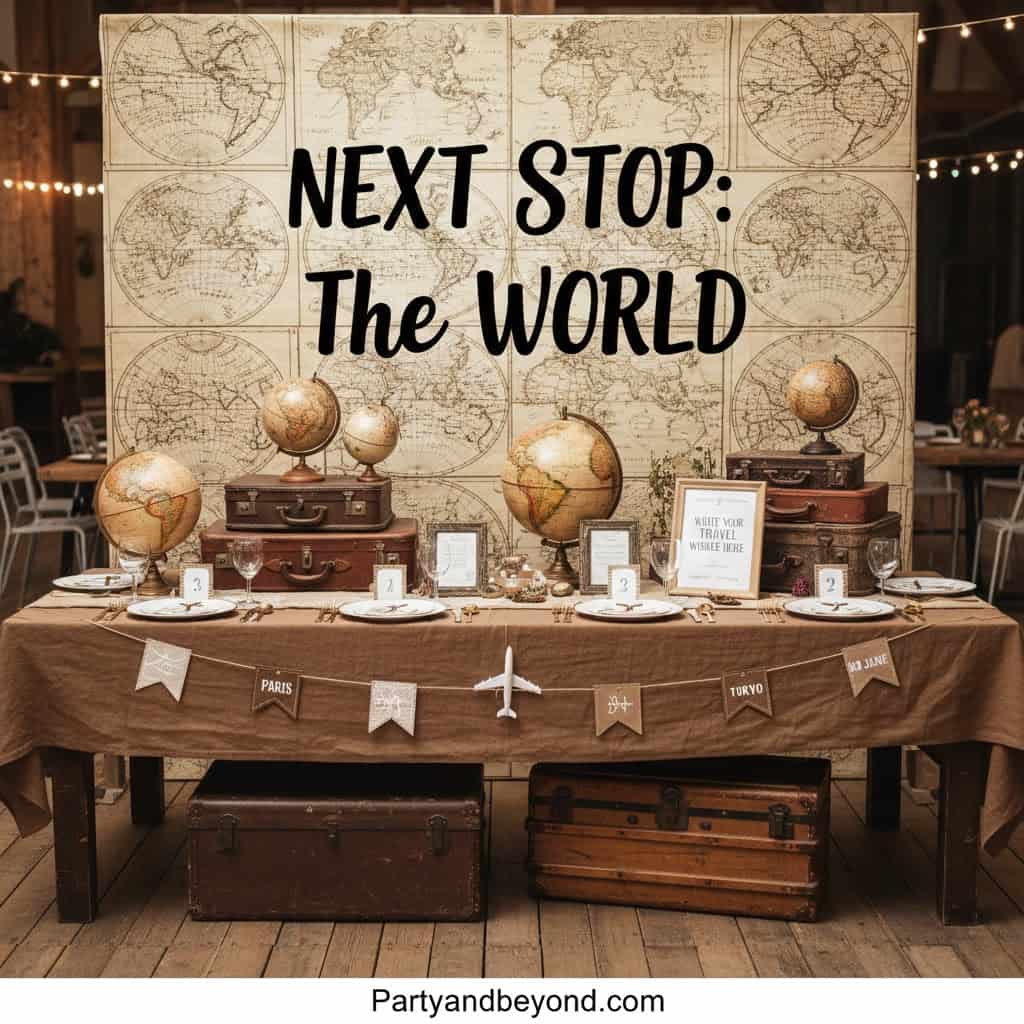 Travel-themed party decor with globes and vintage suitcases for a stylish 15th birthday celebration.