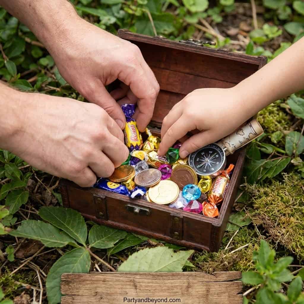 Kids' hands reaching into a treasure chest filled with coins and candies outdoors.