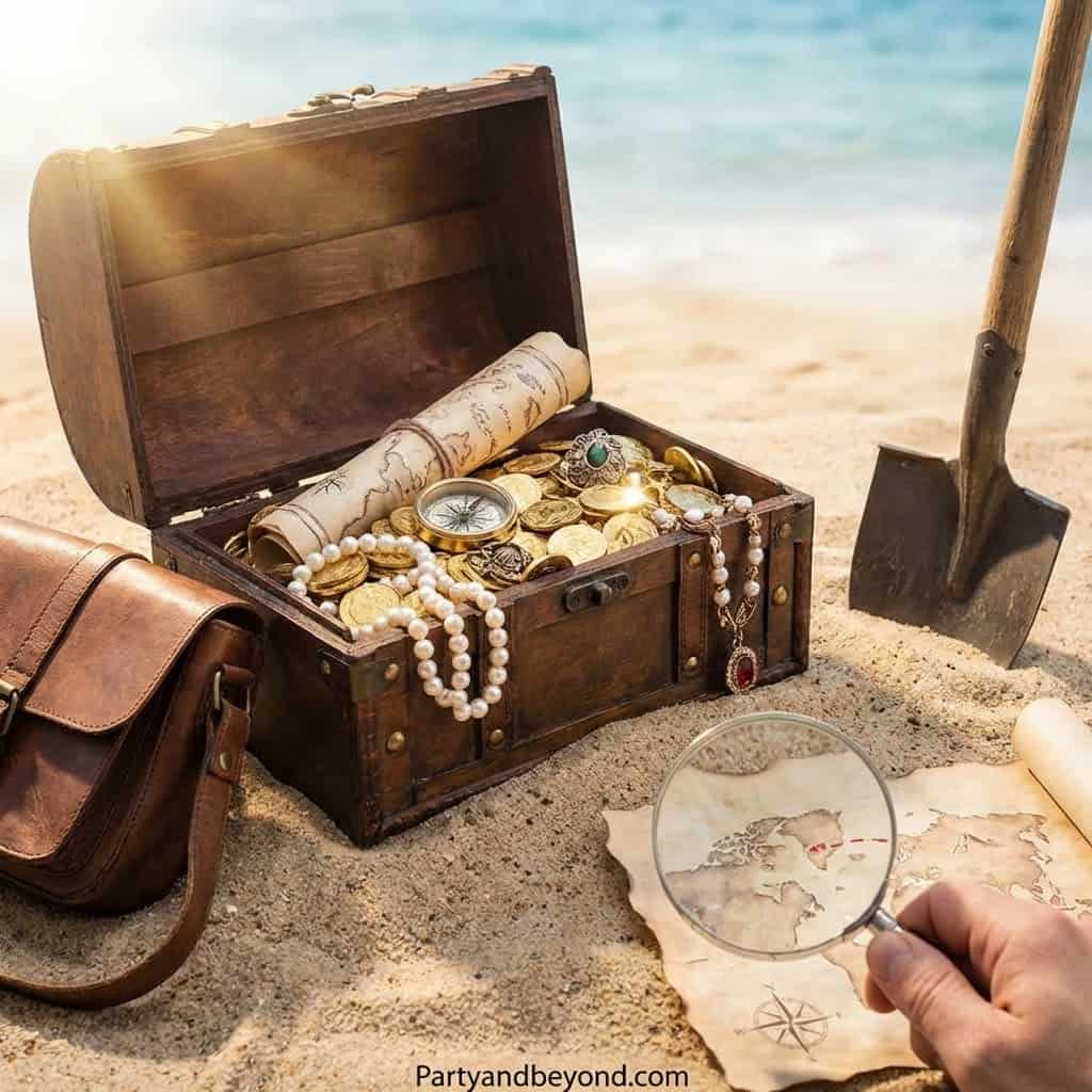 Vintage treasure chest filled with gold coins, jewelry, and artifacts on sandy beach with shovel and.