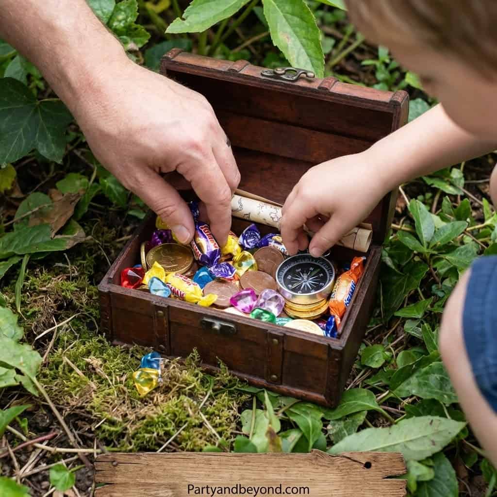 Child opening a treasure chest filled with coins and jewelry outdoors.