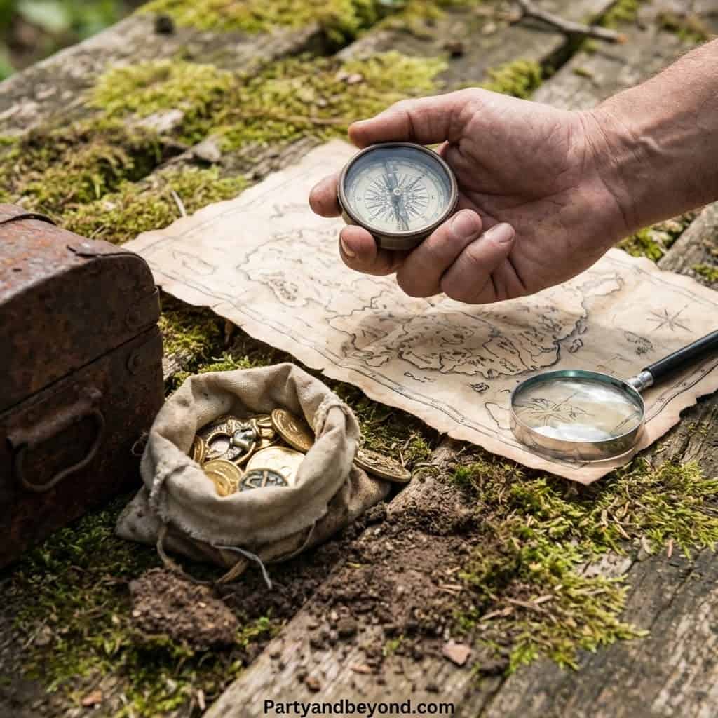 Hand holding compass over treasure map with coins and magnifying glass outdoors.
