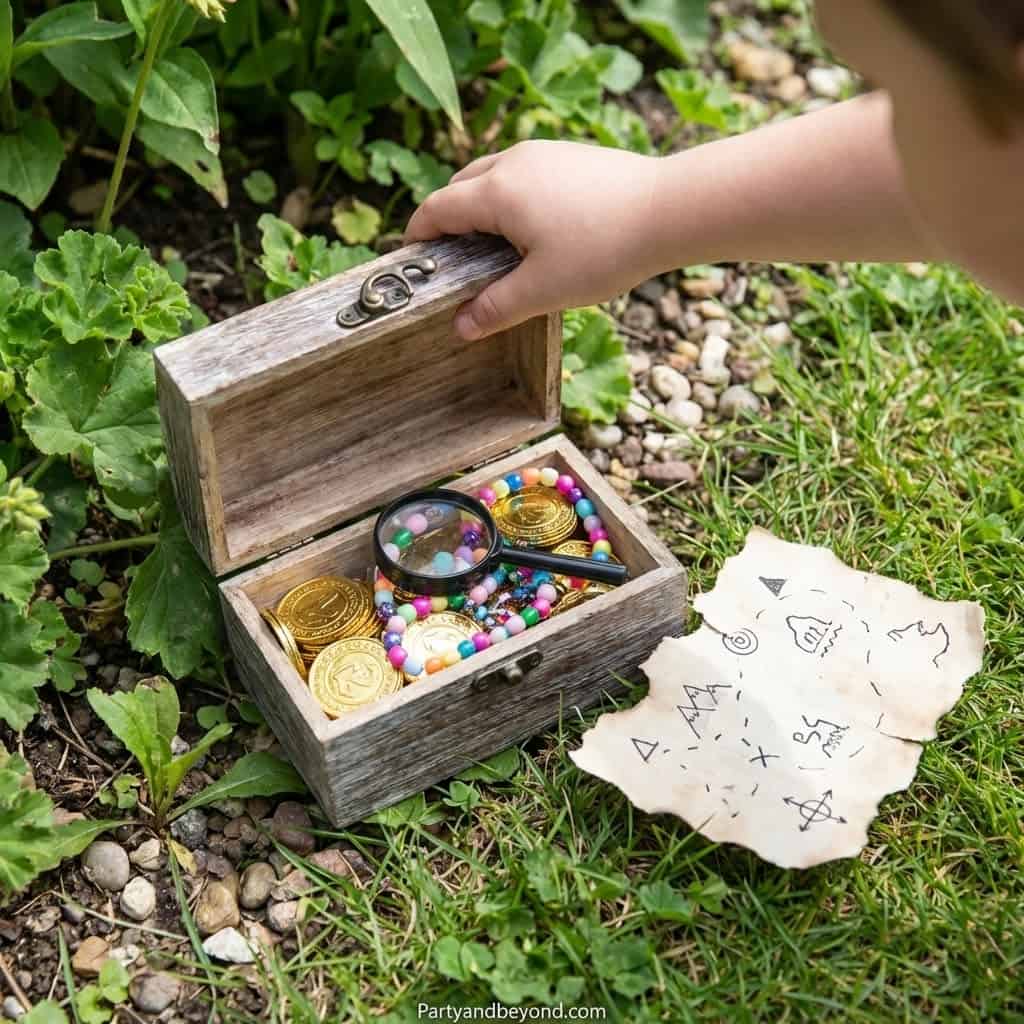 Treasure chest with coins, magnifying glass, and beads for kids' party game.