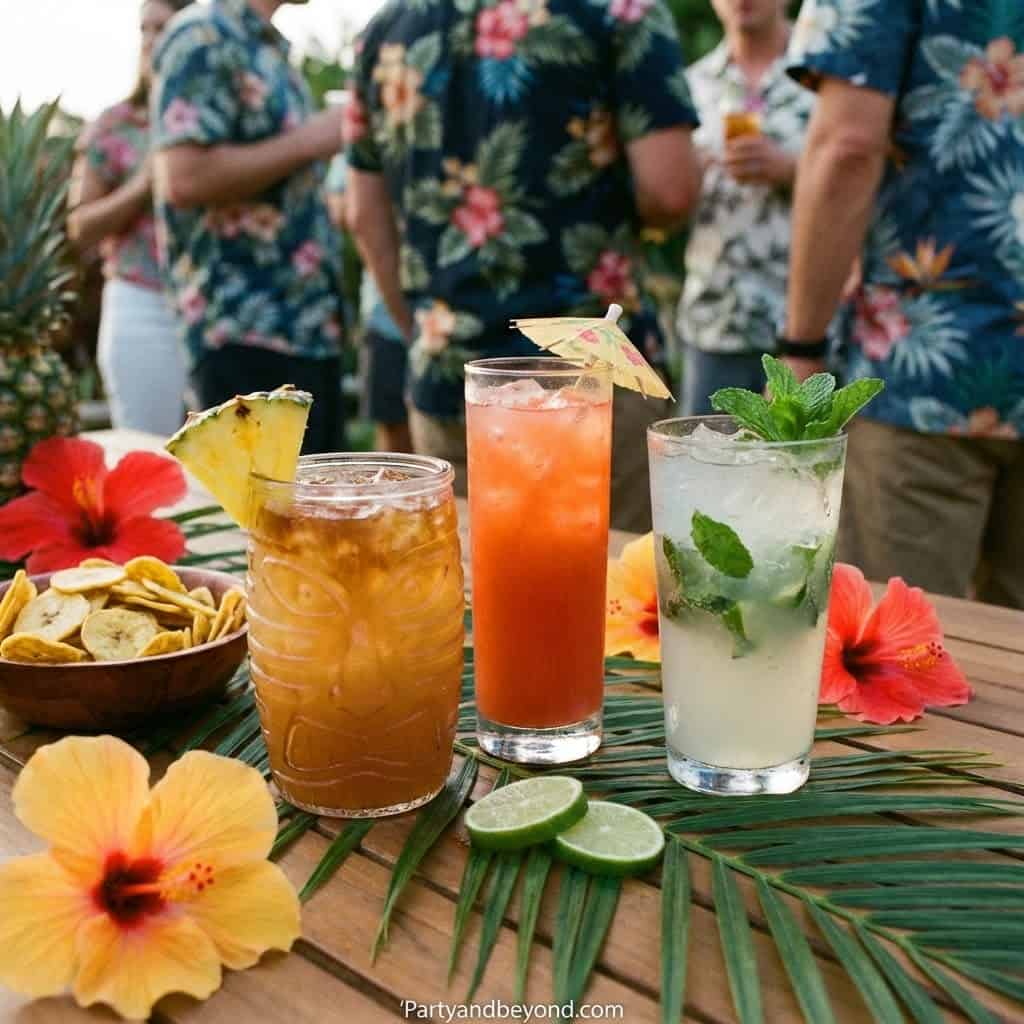 Refreshing tropical cocktails at a beach birthday party with floral decorations.
