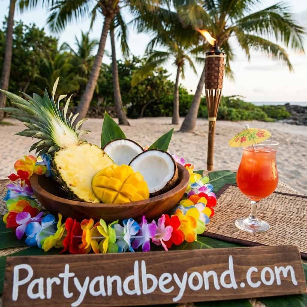 Tropical beach-themed party setup featuring fresh pineapple, coconut, and a colorful cocktail on a s.