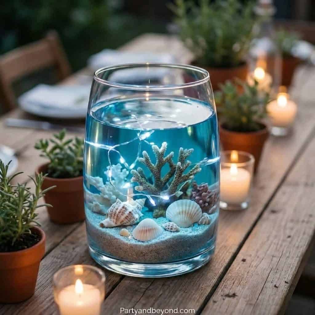 Decorative glass with ocean-themed coral and seashells for a Nemo birthday party.