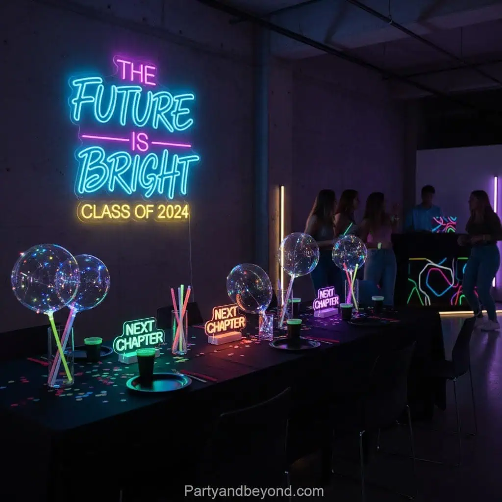 Neon sign reading "The Future is Bright" at a graduation party.