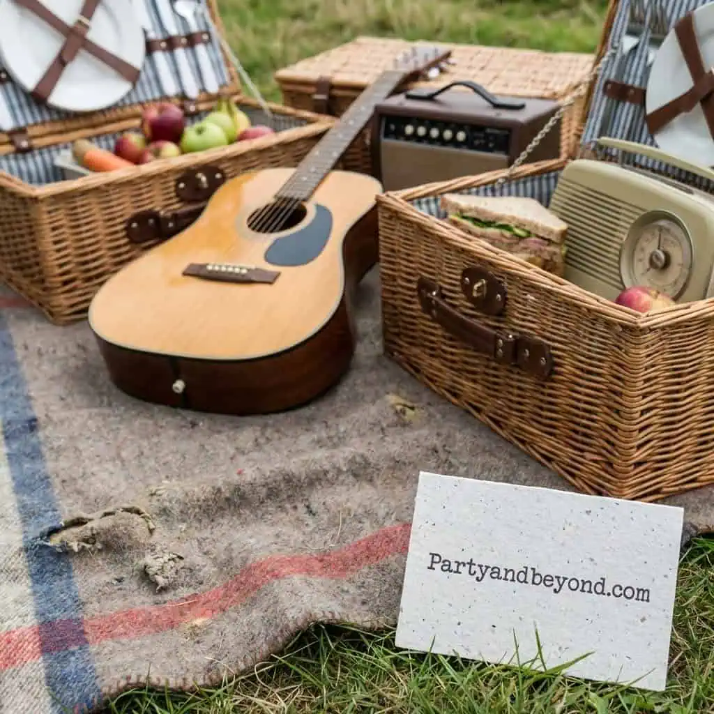 Outdoor picnic setup with guitar and baskets for birthday celebration.