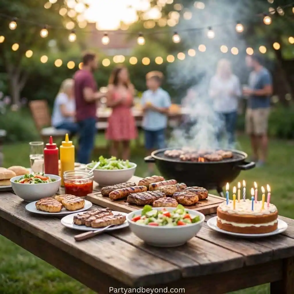Outdoor garden birthday party with food and friends.