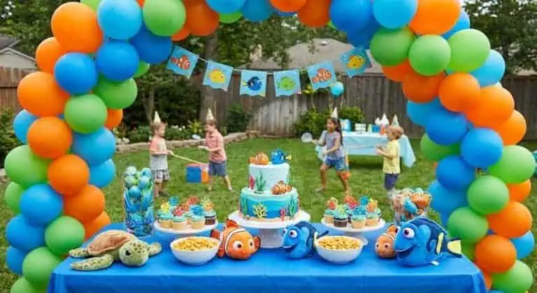 Colorful balloon arch for Nemo-themed birthday party.