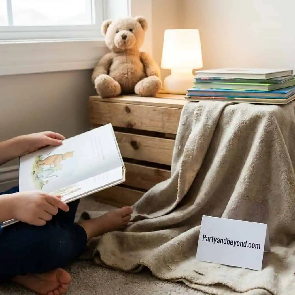 Teddy bear and children's book for a Nemo-themed birthday party setup.