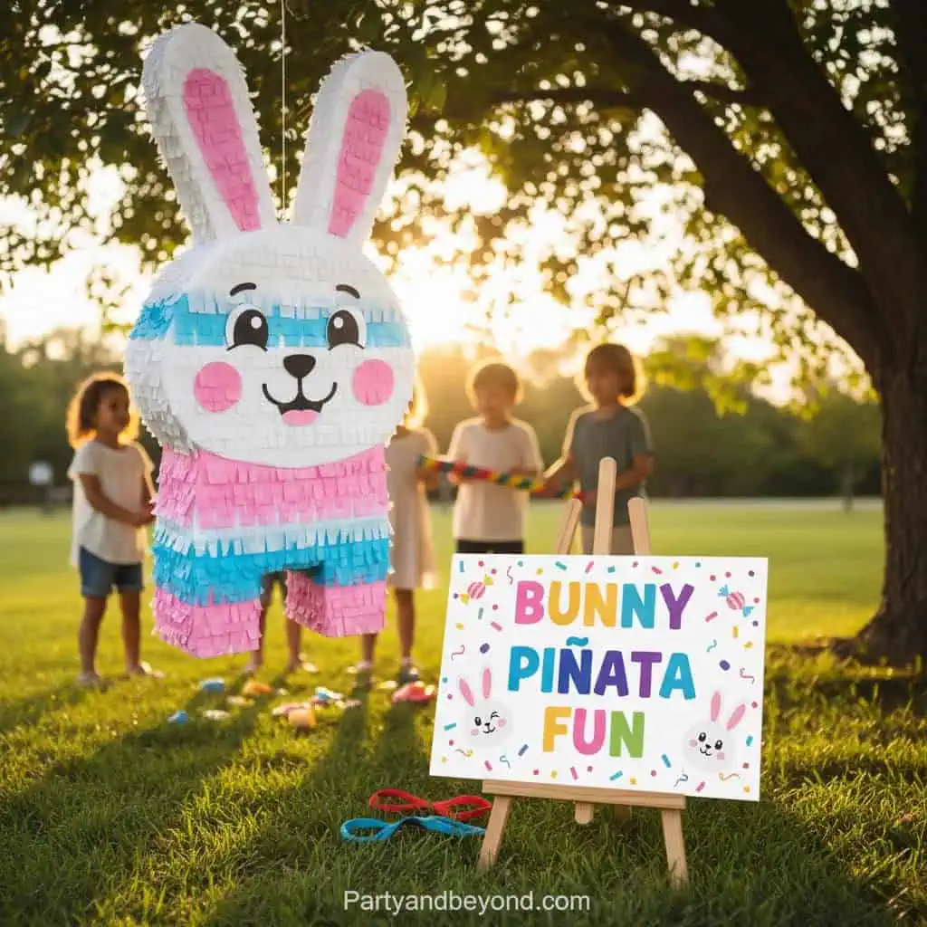 Llama piñata at a bunny-themed Easter party with children outdoors.