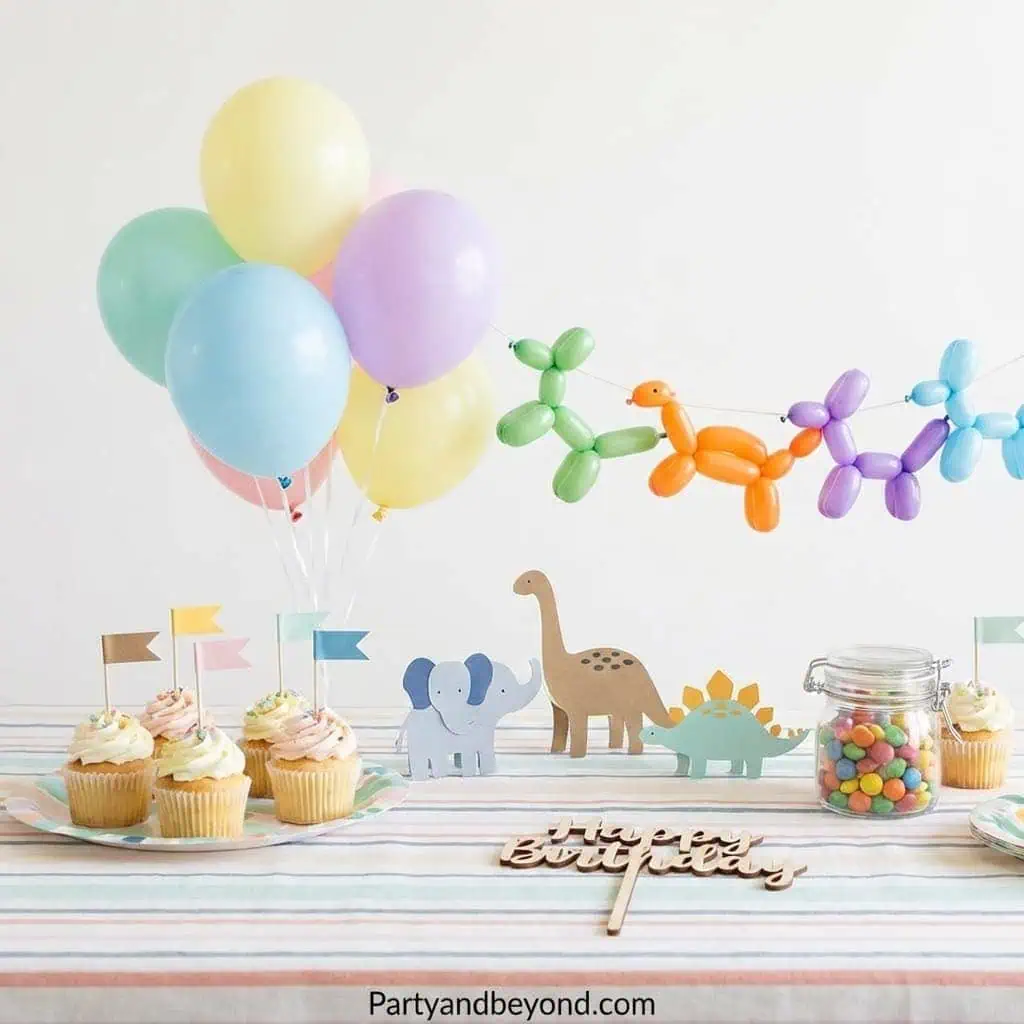Colorful birthday balloons and animal-themed decorations for a fun celebration.
