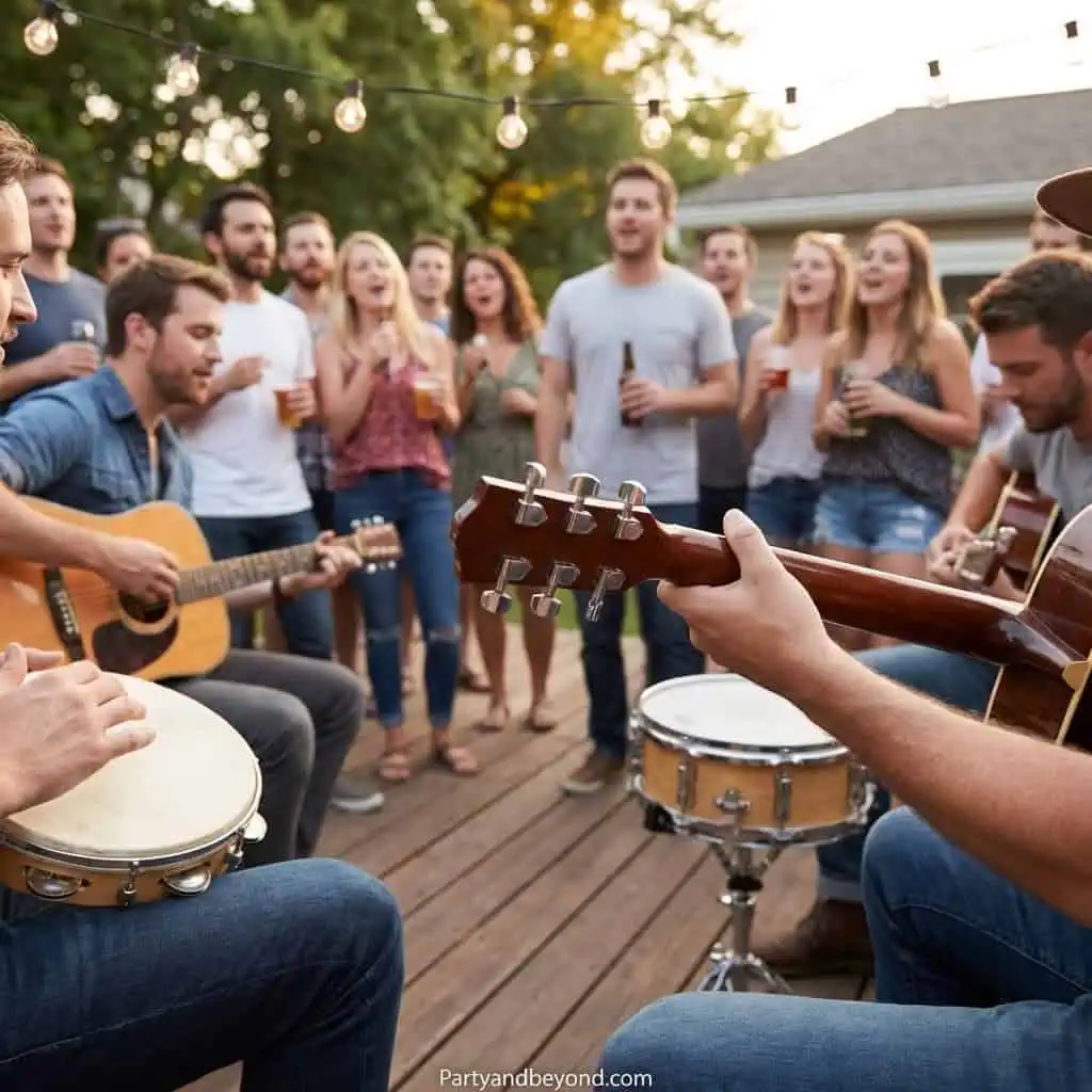 Outdoor backyard birthday party with live guitar and drum music.