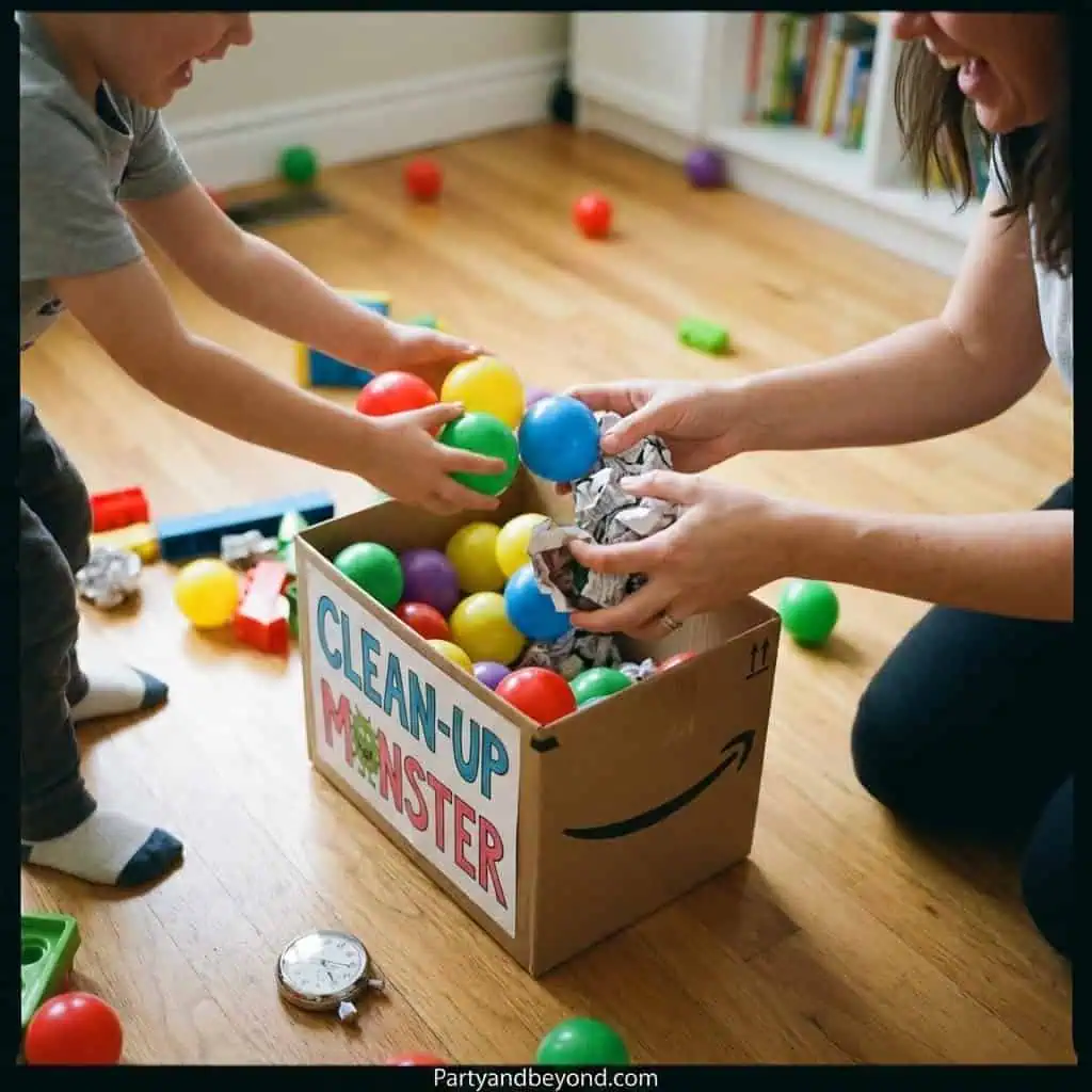 Kids playing with colorful balls in a cardboard box at a birthday party.