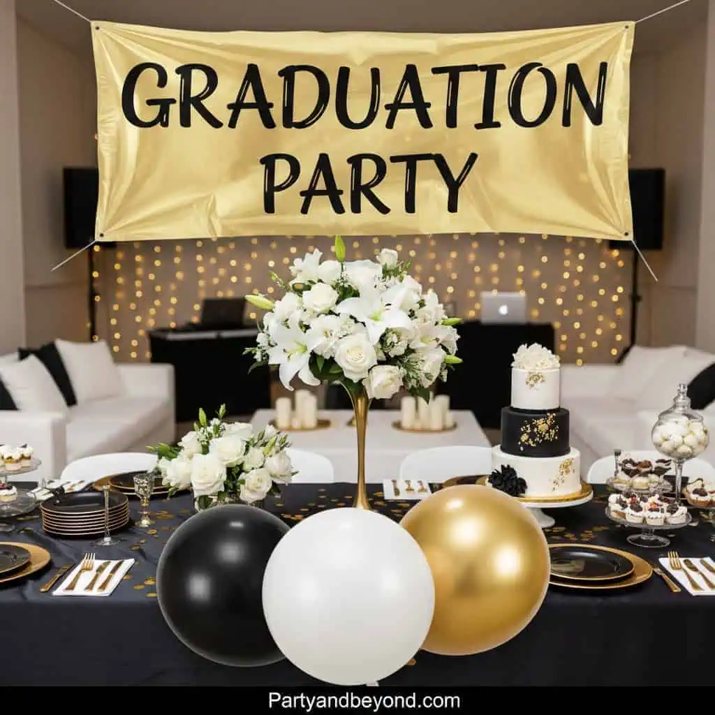 Elegant graduation party table with black, white, and gold balloons and floral arrangements.