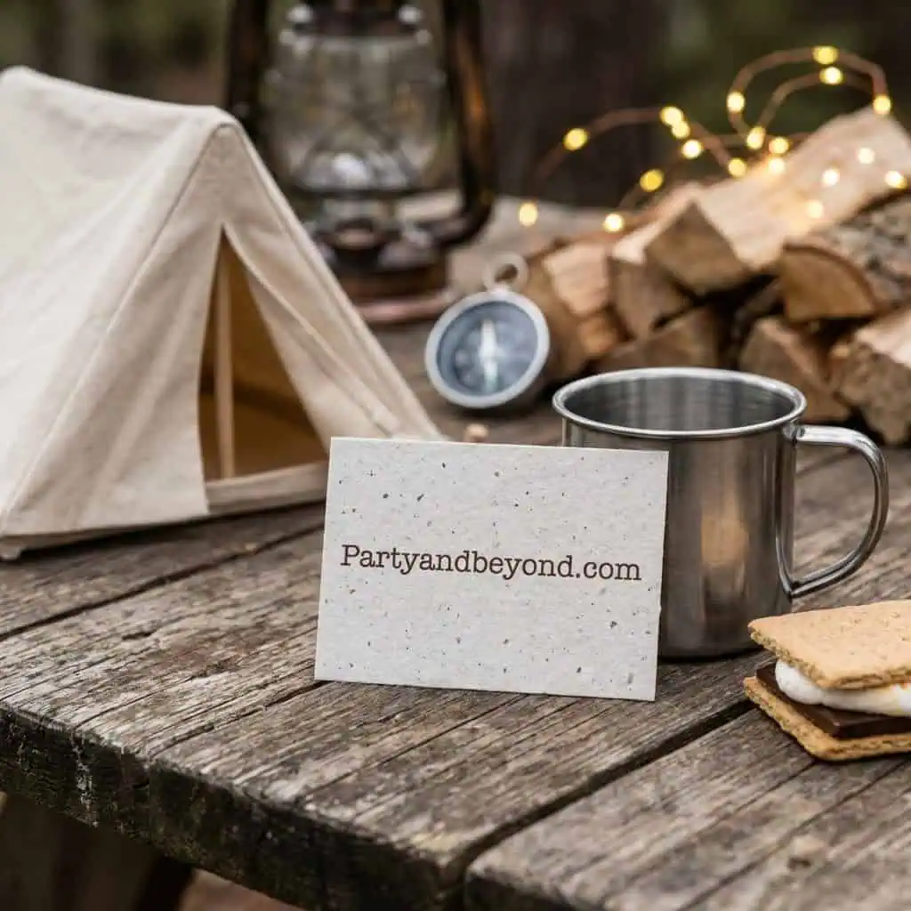 Outdoor camping setup with a tent, mug, and cozy logs.