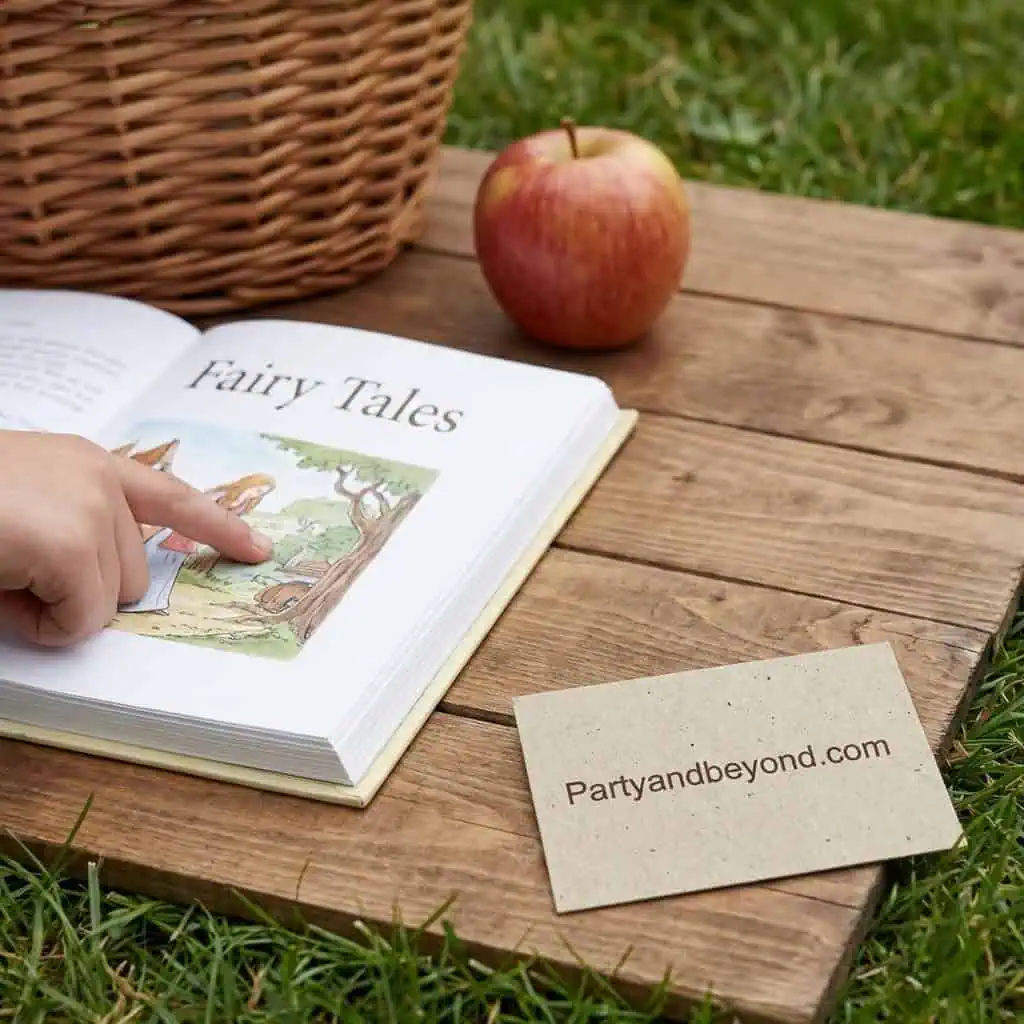 Open fairy tale book outdoors with apple and Partyandbeyond.com card.
