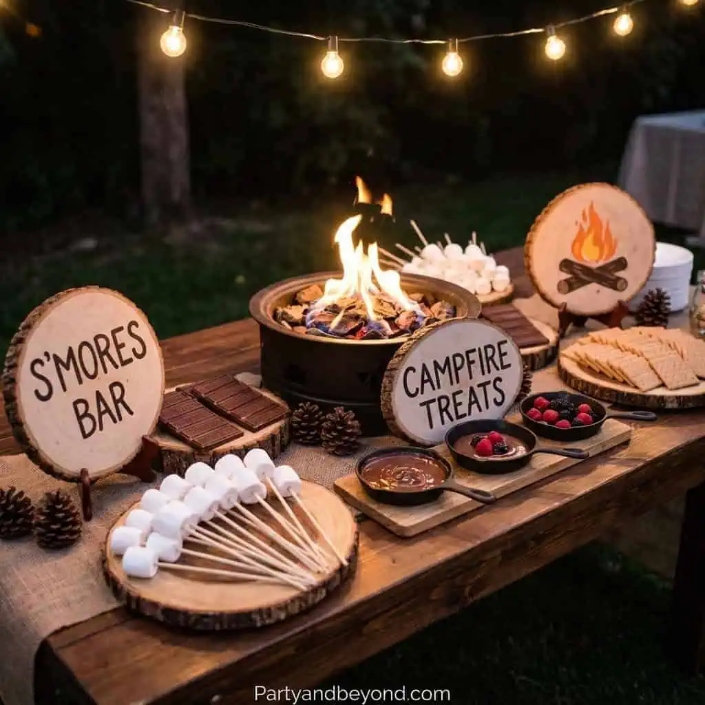Outdoor s'mores and campfire treats setup with signs and marshmallows.