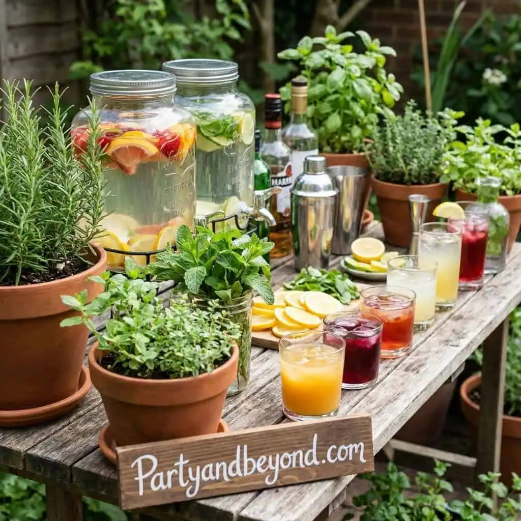 Outdoor garden party drink station with fresh herbs and colorful beverages.