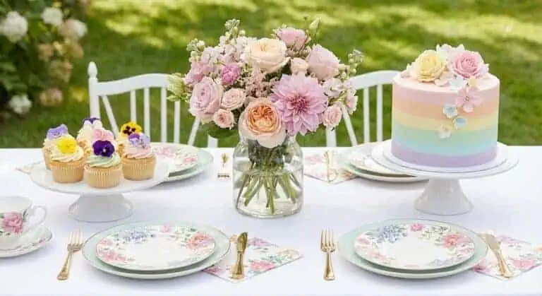 Elegant flower-themed birthday party table setup with pastel decorations.