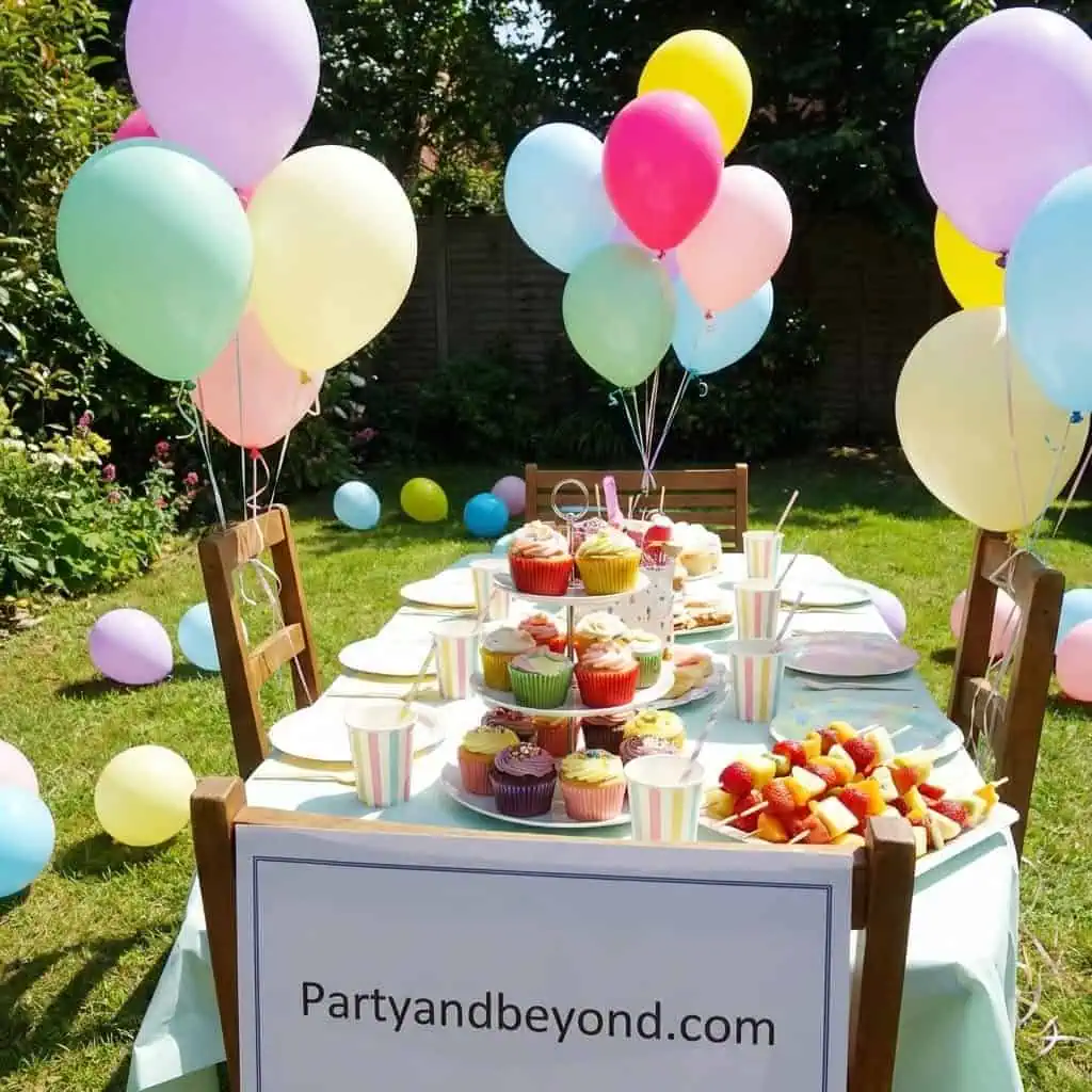 Colorful birthday party table with cupcakes and balloons.
