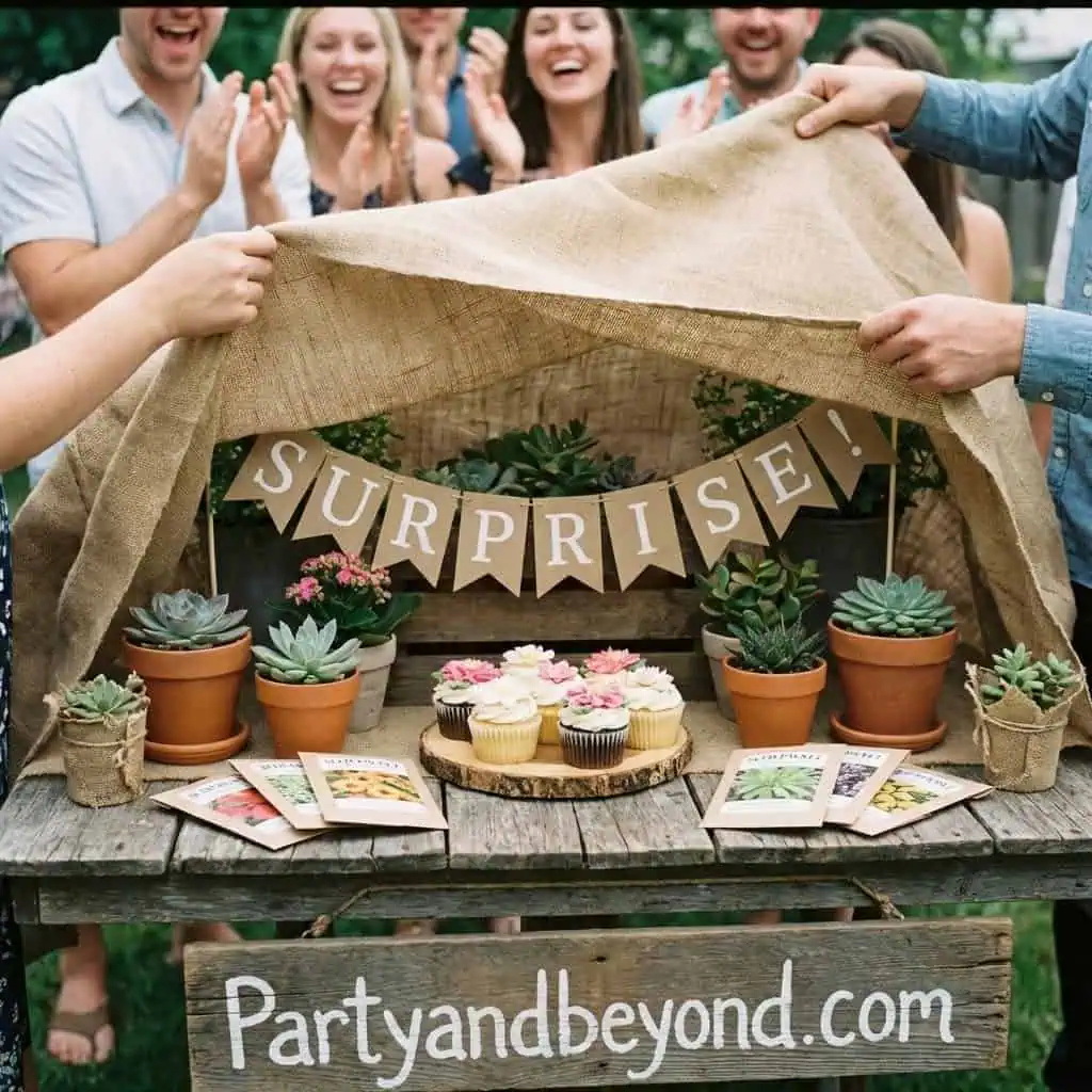 Garden birthday party setup with cupcakes, succulents, and a surprise banner.