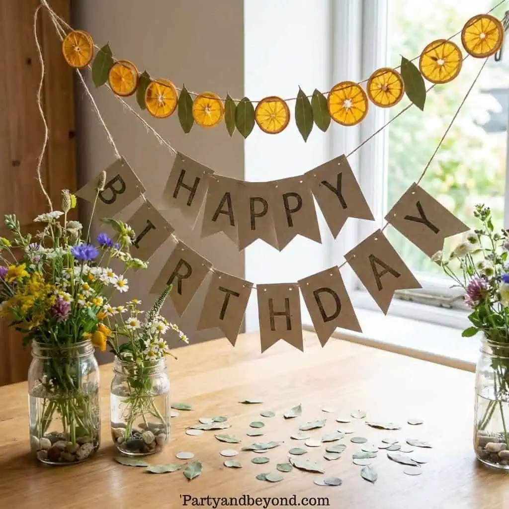 Happy Birthday Banner with Dried Orange Slices and Green Leaves.