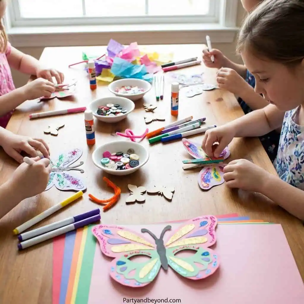 Kids crafting butterfly masks with colorful art supplies for spring birthday party.
