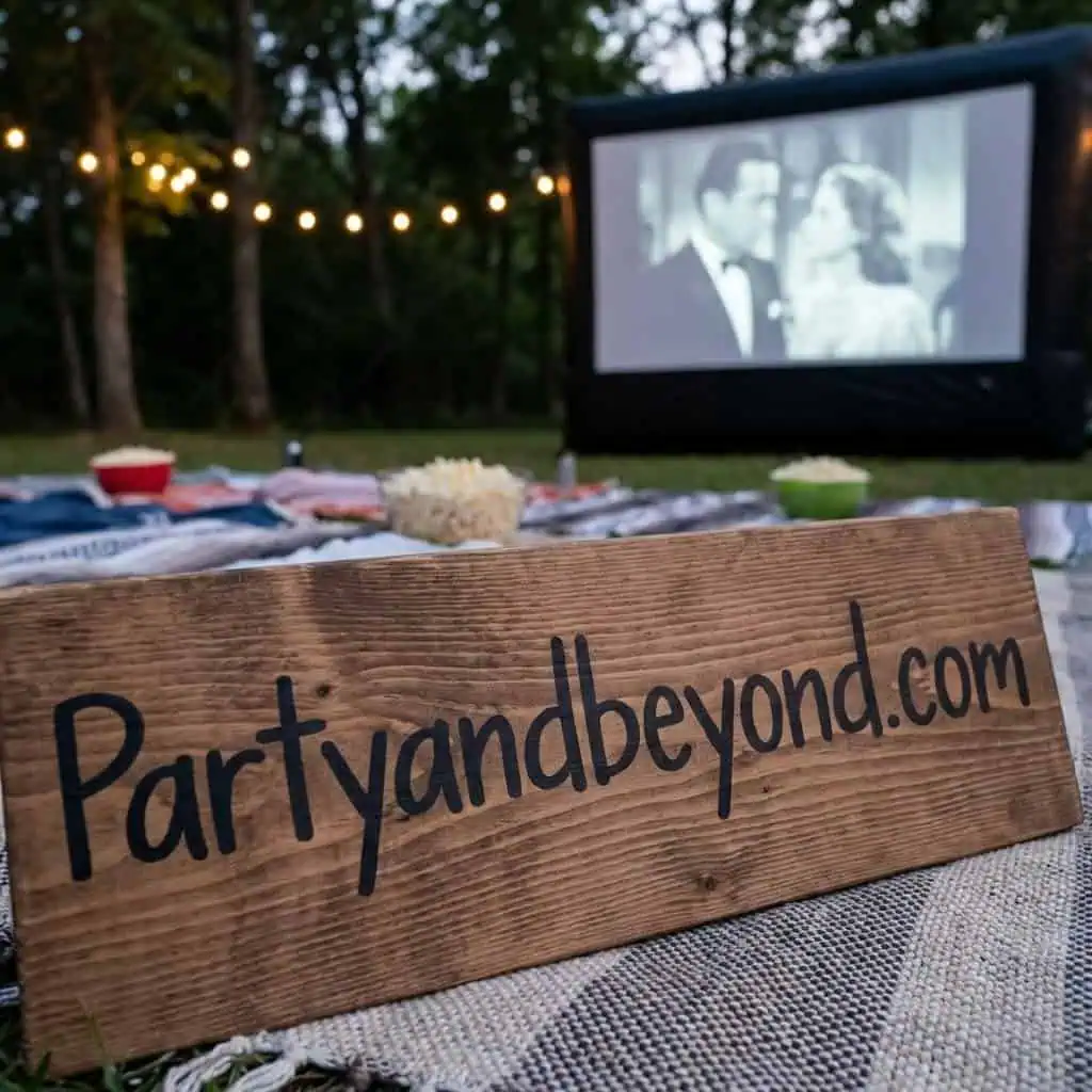 Outdoor movie night with a wooden sign for Party & Beyond! at a birthday celebration.