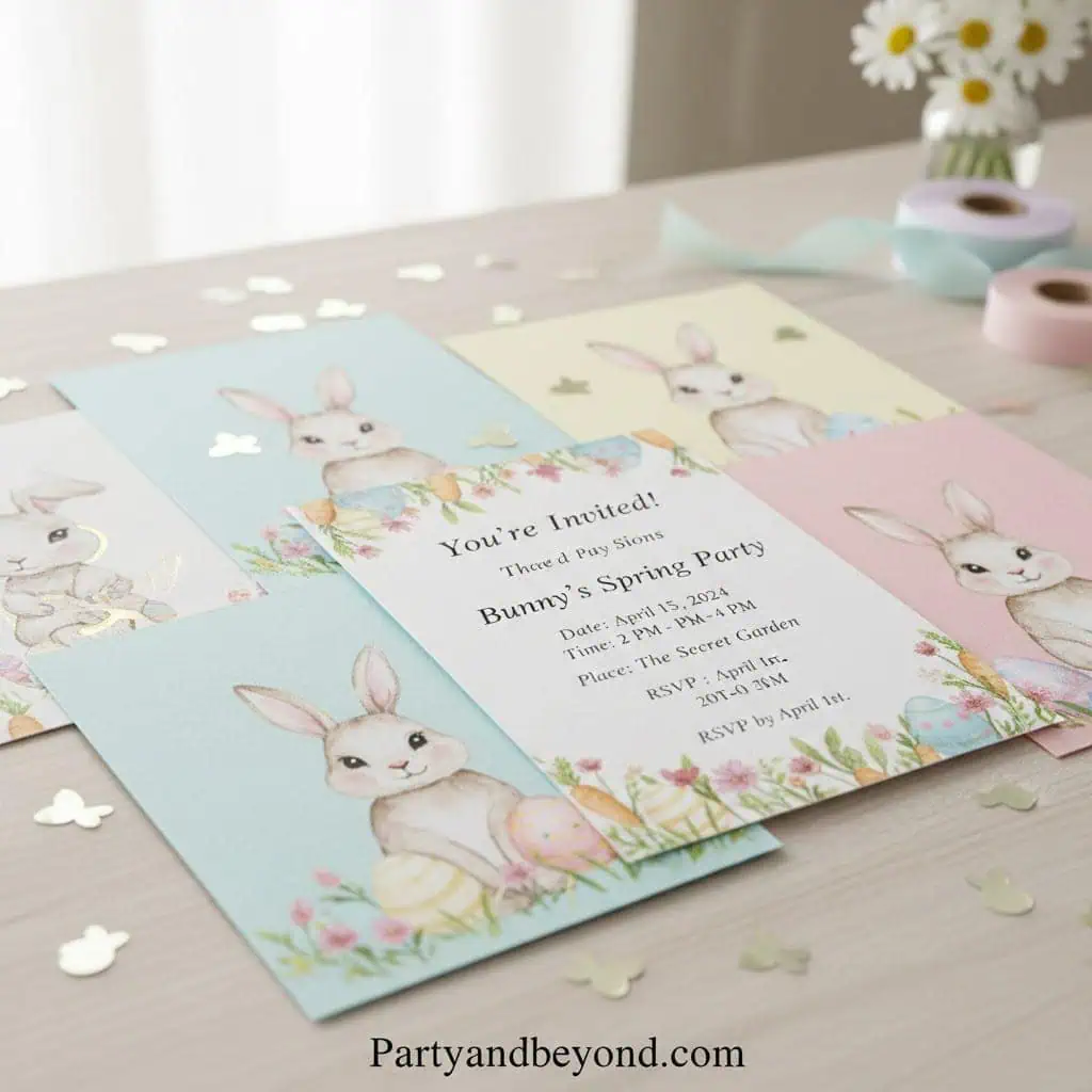Easter Bunny Theme Party Invitation with Bunny and Spring Decor.
