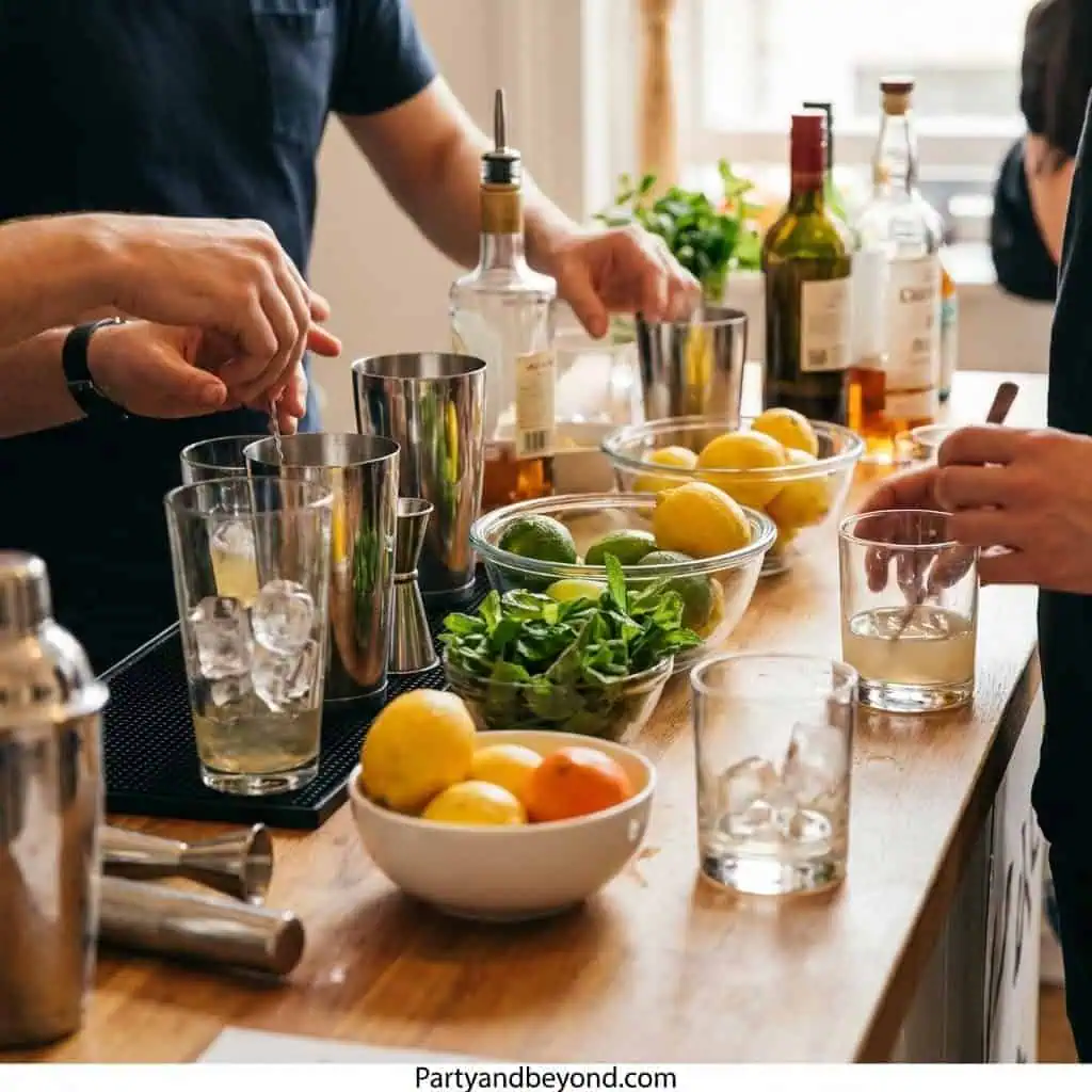 Bartender preparing drinks with fresh lemons and ingredients for a house party.