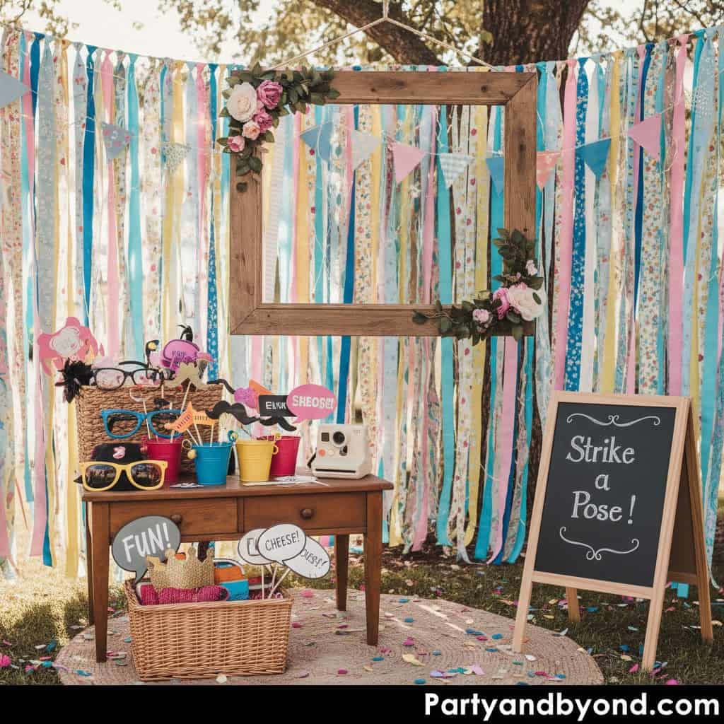 Photo of a DIY backyard photo booth with colorful decorations and props for adult birthday parties.
