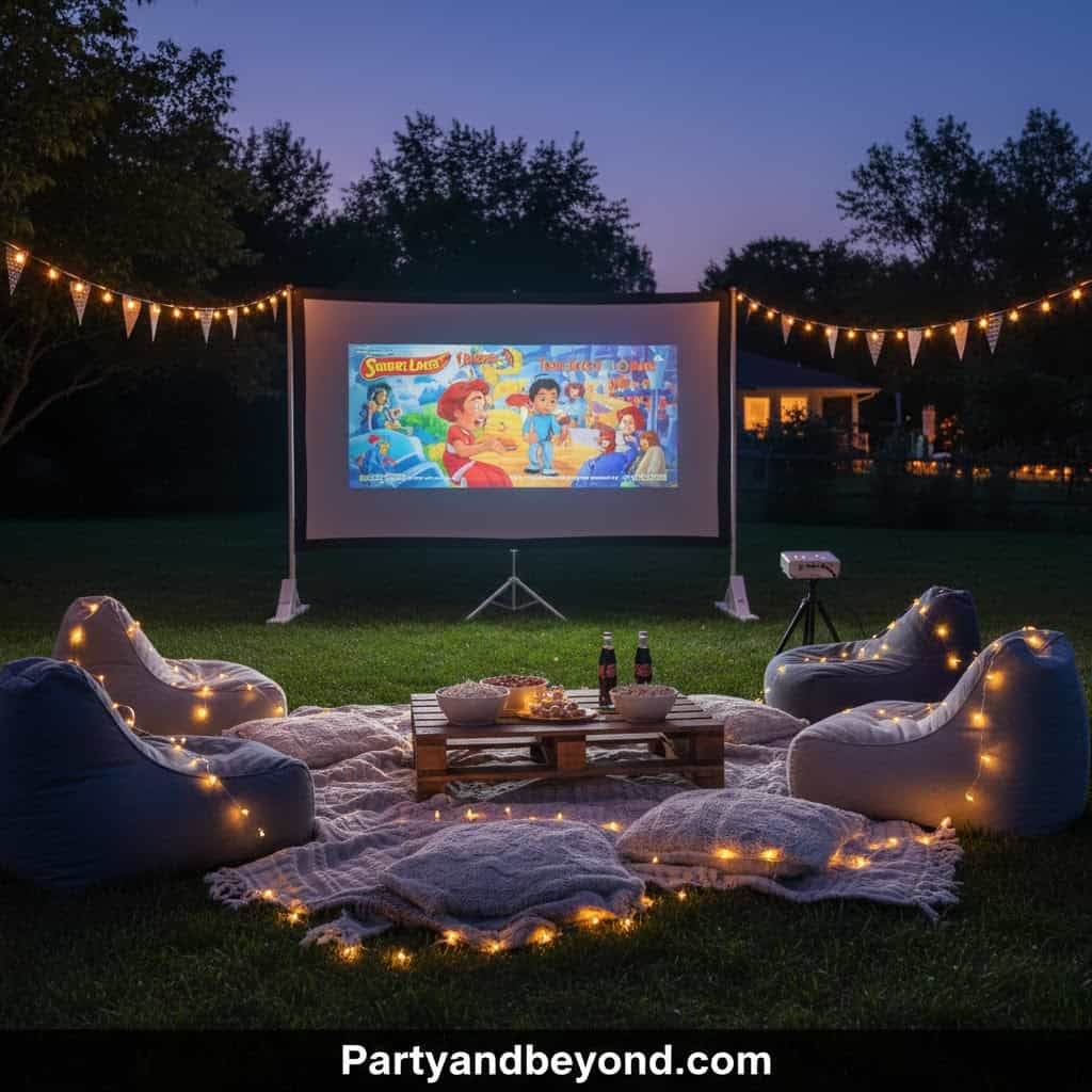 Outdoor backyard movie night setup with inflatable chairs and string lights.