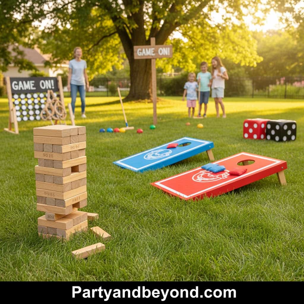 Outdoor backyard game setup for adult birthday party.