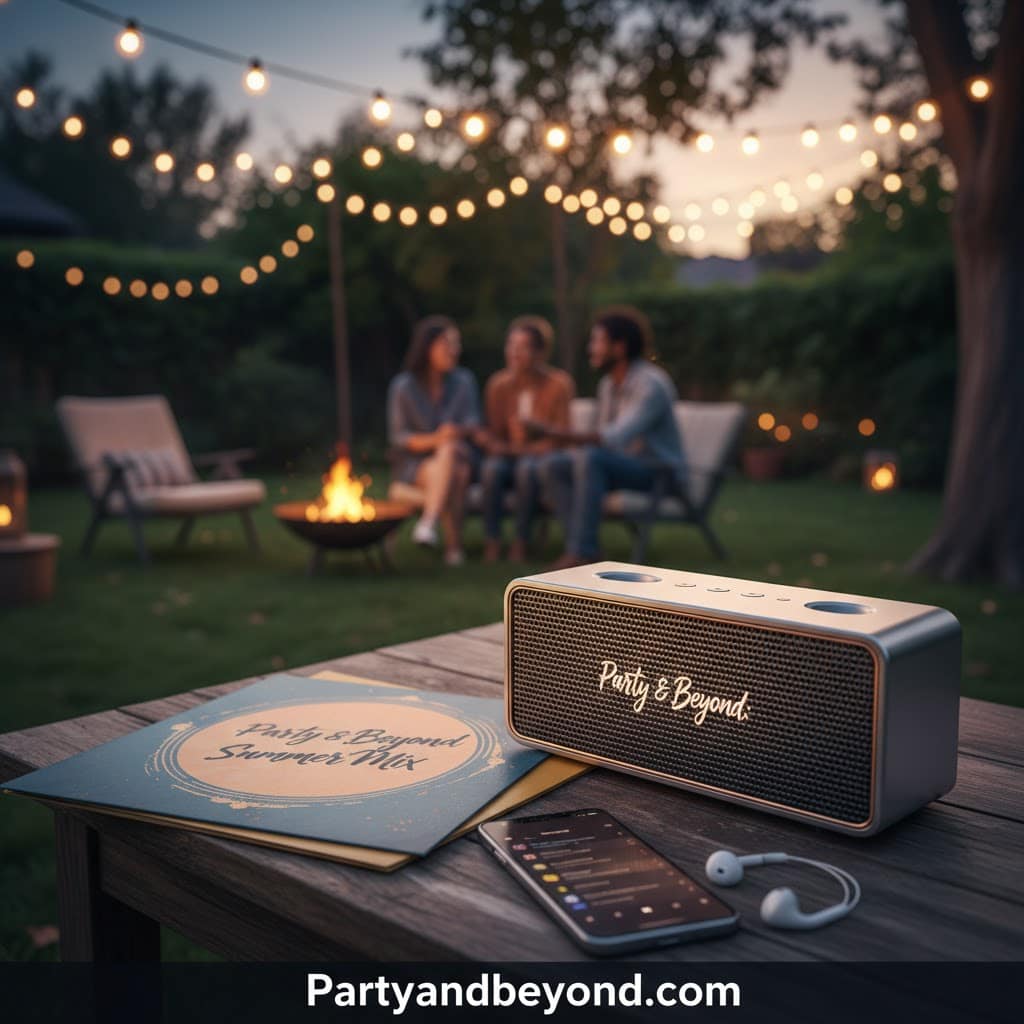 Outdoor backyard party setup with string lights and a portable speaker.