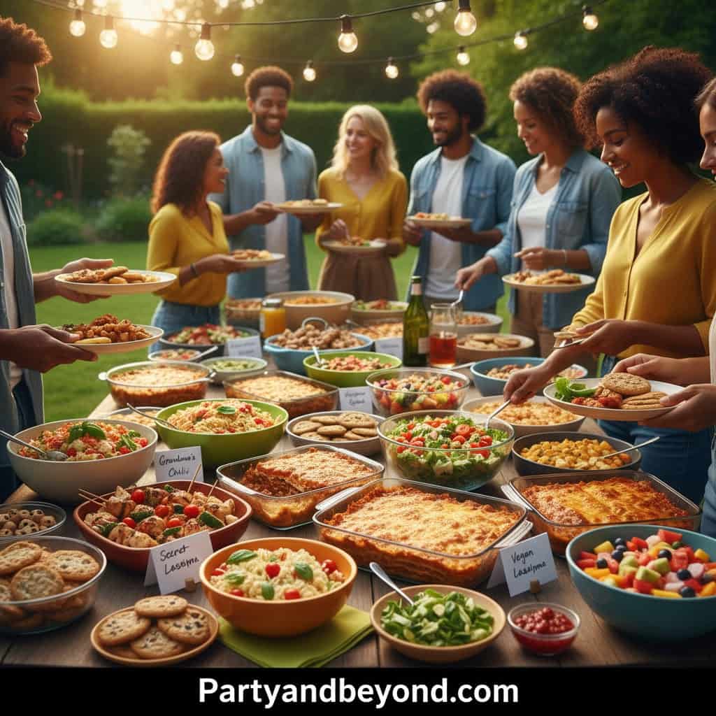 Outdoor backyard birthday party with diverse guests enjoying a variety of homemade dishes.