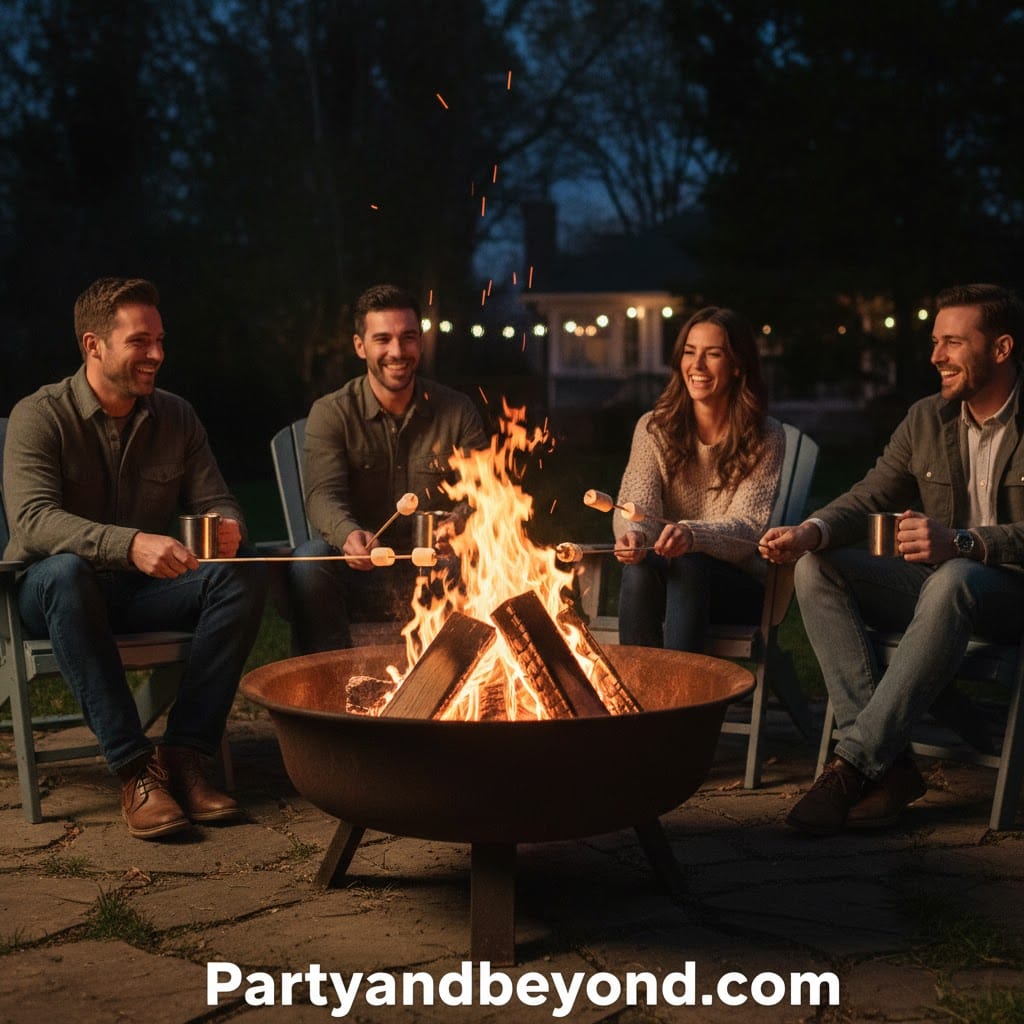 Backyard bonfire gathering for adults.