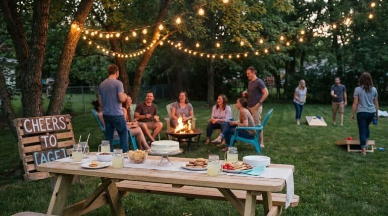 Group of adults enjoying a backyard birthday party with string lights and a fire pit.
