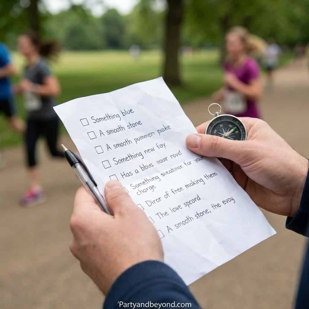 Person holding a checklist and compass during outdoor party game for boys.