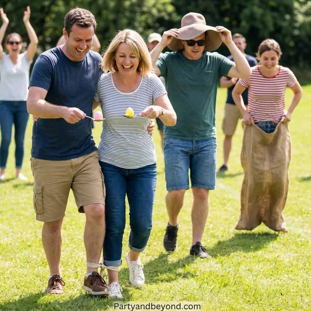 Outdoor group of people playing sack race at a fun party event.