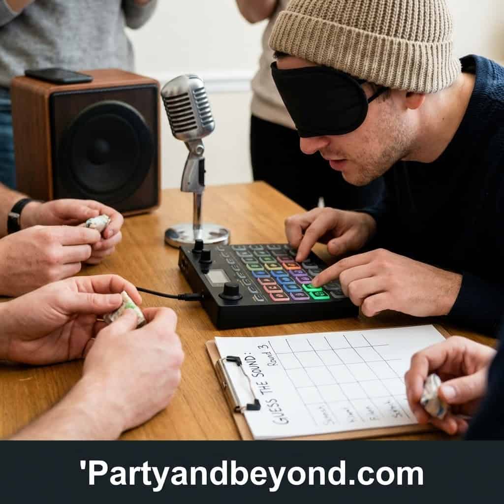 Man blindfolded playing a fun party game with friends using a sound mixer.