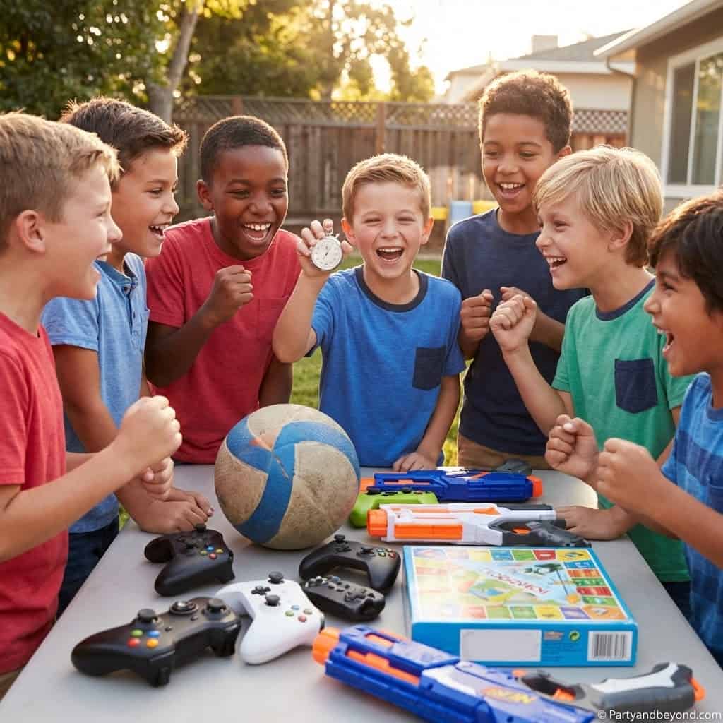Kids Playing Outdoor Party Games with Toys and Sports Equipment.