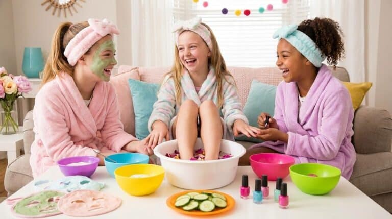 Kids enjoying a fun spa party with face masks and colorful bowls.