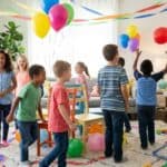 19 Fun indoor birthday party games for kids of all ages Children playing with balloons at indoor birthday party.